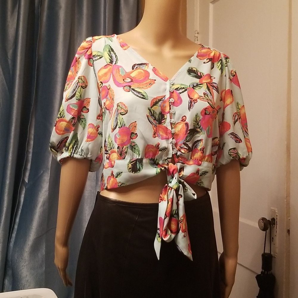 Joie Light Blue Crop Top With Button & Tie Front & Peppers Motif NWT Sz. M